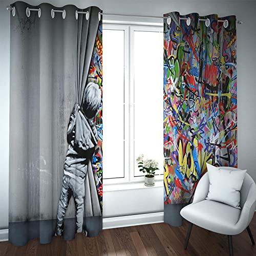 CTQTZ Graffiti Blickdichte Vorhänge Farbe Kleiner Junge Verdunkelungsvorhänge Mit Ösen 234x183 cm (BreitexHöhe) 2er Set Gardinen für Dekoration Kinderzimmer von CTQTZ