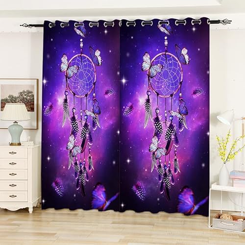 CTQTZ Lila Dreamcatcher Vorhänge Blickdicht Feder Traumfänger Gardinen 2er Set H 225 x B 140 cm Blickdichte Gardinen Kurze Gardinen Kinderzimmer Schlafzimmer Ösenvorhang von CTQTZ