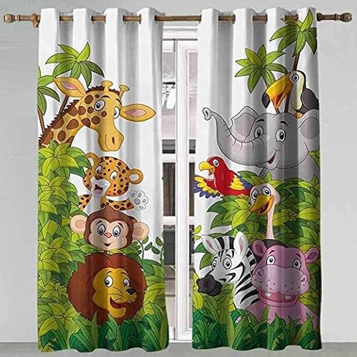 CTQTZ Tier Wald Vorhänge Blickdicht Karikatur Zoo Verdunkelungsvorhänge Mit Ösen 264x240 cm (BreitexHöhe) 2er Set Gardinen für Dekoration Kinderzimmer von CTQTZ