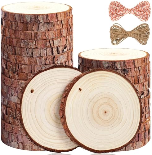 CTRSM Holzscheiben, Holzscheiben für Basteln, 20 Stück natürliche Holzscheiben, Bastelholz-Set, unlackiert, vorgebohrt, mit Loch, Holzkreise for Kunst, Weihnachtsschmuck, DIY-Handwerk(8-9cm) von CTRSM