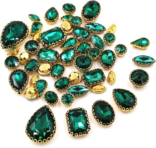 CTRSM Strasssteine ​​zum Aufnähen, 50 Teile/Beutel Mix Form Kristall Steine ​​Nähen Gold Spitze Kralle Einstellung Strass DIY Schuhe Kleidung Zubehör(Emerald) von CTRSM