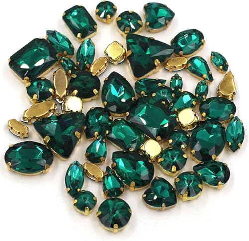 CTRSM Strasssteine ​​zum Aufnähen, DIY Handarbeit Großpackung 50 Stück/Beutel Mix Form Kristallsteine ​​Gold Krallenfassung Strass for Aufnähen auf Taschen/Schuhe/Kleidung(Emerald) von CTRSM