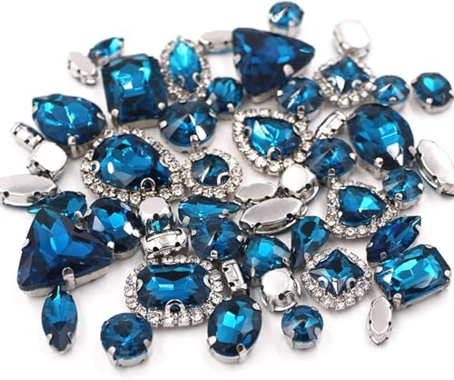 Strasssteine ​​zum Aufnähen, 50 Teile/Paket Mix Größe Mix Form Cup Chain Felge Kristallsteine ​​Splitter Krallenfassung Strass Nähen Kleidung Zubehör(Peacock Blue) von CTRSM