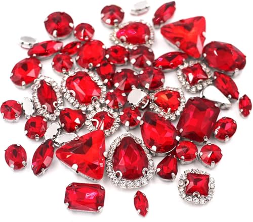 Strasssteine ​​zum Aufnähen, 50 Teile/Paket Mix Größe Mix Form Cup Chain Felge Kristallsteine ​​Splitter Krallenfassung Strass Nähen Kleidung Zubehör(Red) von CTRSM