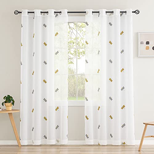 CUCRAF Voile Gardinen Vorhänge mit Schlaufen 3D Stickerei Libelle Gardinen Fensterschal Lichtdurchlässig für Wohnzimmer und Kinderzimmer,2er Set, H245CM X B140CM, Olive von CUCRAF