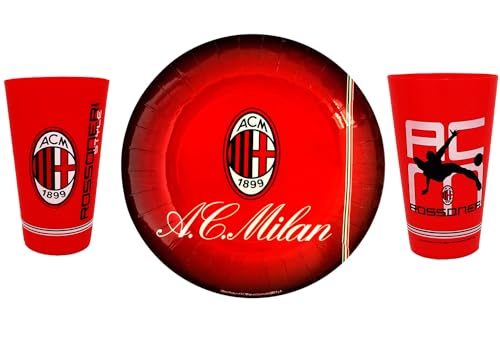 CUCUBA 8 große Pappteller Geburtstag Thema Milan 23 cm + 2 Kunststoffbecher 40 cl. Wiederverwendbar 13 x 8 cm. Für authentischen Rossonero Fan Geschenkidee von CUCUBA