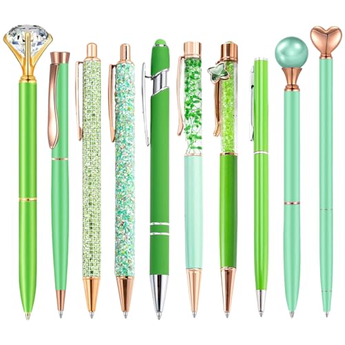 10pcs/Set -Kugelstifte, Crystal Glitter Green Stifte Edelstahl Kugelschreiber Diamant Stift Schwarze Tintenstifte Pretty niedliche Stifte Geschenke für Journaling Women School Office, Fun Stifte von CUCUFA