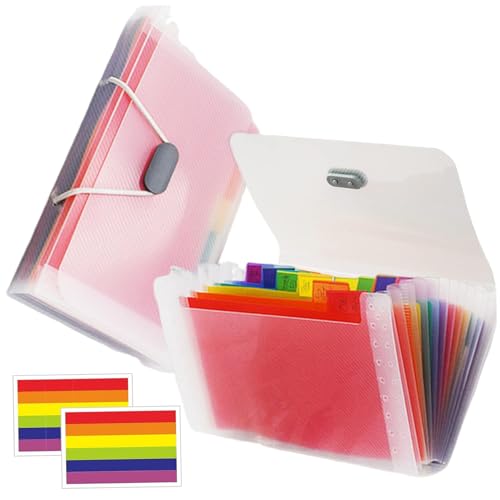 Mini-Akkordeon-Datei Organizer 2PCS A6 13 Pocket Rainbow Farbdatei Organizer mit Registerkarten- und Selbstverriegelungsseil tragbarer PP-Dokument Organizer für Zuhause, Schule, Büro, Ordner Organize von CUCUFA