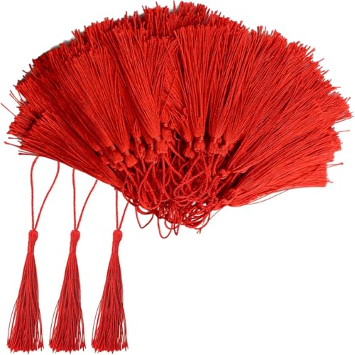 CUEMOON 100 Stück Quasten Lesezeichen Quasten, 13 cm kleine Stoffe für die Schmuckherstellung aus Harz mit Perlen, Mini-Schlüssel, Lesezeichen, Musikinstrumente, Einladungskarten, Rot CUEMOON 100 Stück Quasten Lesezeichen Quasten, 13 cm kleine Stoffe für die Schmuckherstellung aus Harz mit Perlen, Mini-Schlüssel, Lesezeichen, Musikinstrumente, Einladungskarten, Rot von CUEMOON