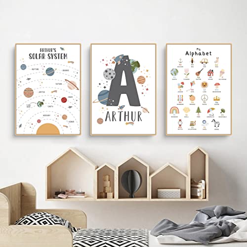 CULASIGN 3er Set Kinderzimmer Bilder, Kinder Wandbild ohne Rahmen, Weltraum Rakete Poster Babyzimmer, Alphabet ABC Poster Kunst Kinderposter für Jungen Mädchen Geschenk (EFG,21x30cm) von CULASIGN