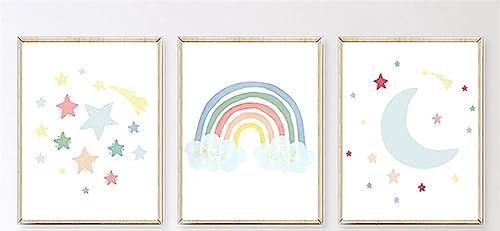 CULASIGN 3er Set Poster Bilder Kinderzimmer,Regenbogen Sonne Wolke Sterne und Mond Wandbilder Kinderzimmer Poster,Deko Bilder Babyzimmer Mädchen und Jungen (B) von CULASIGN