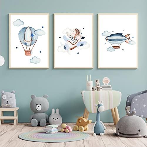 CULASIGN 3er Set Poster Kinderzimmer, A4 Bilder Babyzimmer Kinderposter OHNE Bilderrahmen, Wandbilder Deko Mädchen Junge, Kinderbilder Autos Flugzeuge Heißluftballons (DEF,40x50cm) von CULASIGN