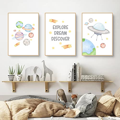 CULASIGN 3er Set Weltraum Kinder Poster, Weltraum Rakete Alphabet Poster Kinderzimmer Bilder,DIN A4 Babyzimmer Deko Mädchen Jungen Kinderbilder Set (B) von CULASIGN