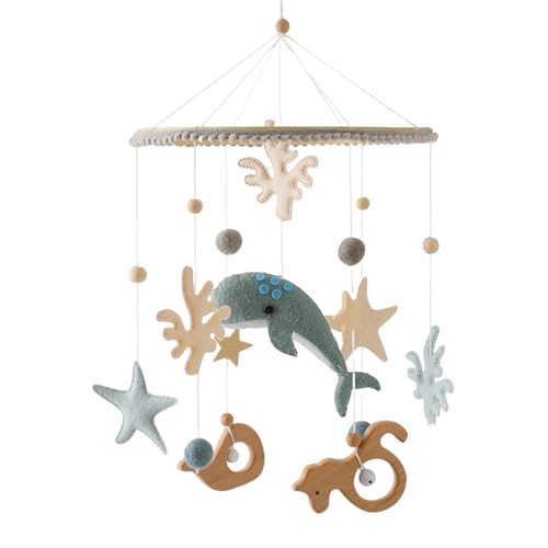 CULASIGN Mobile Baby Windspiel, Mobile Babybett aus Filz mit 3D Meerestiere Wal, Baby Mobile für Bett zum Aufhängen, Mobile Wickeltisch Geschenk für Neugeborenen Kinder Jungen Mädchen (Blau) von CULASIGN