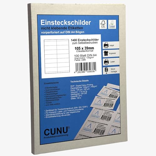 CUNU - Einstecketiketten zum Beschriften (105mmx39mm, DIN A4) - Einsteckkarten nicht klebend - Regaletiketten für Scannerschienen - Einlegepapier zur Kennzeichnung für Regal und Lager (perforiert) von CUNU