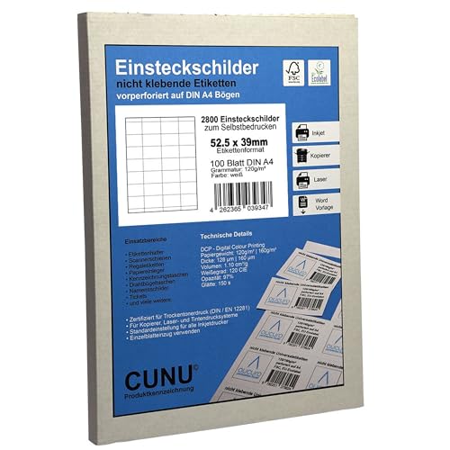 CUNU - Einstecketiketten zum Beschriften (52,5mmx39mm, DIN A4) - Einsteckkarten nicht klebend - Regaletiketten für Scannerschienen - Einlegepapier zur Kennzeichnung für Regal und Lager (perforiert) von CUNU