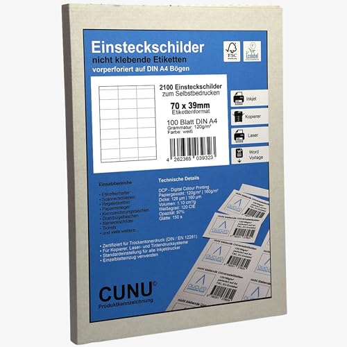 CUNU - Einstecketiketten zum Beschriften (70mmx39mm, DIN A4) - Einsteckkarten nicht klebend - Regaletiketten für Scannerschienen - Einlegepapier zur Kennzeichnung für Regal und Lager (perforiert) von CUNU