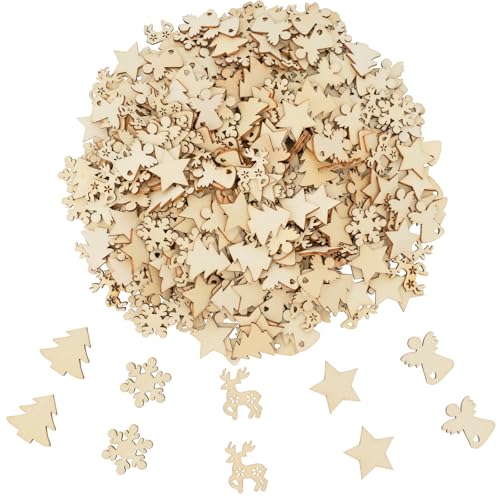 CUWELT 400 Stück Streudeko Weihnachten Holz, 2CM Tischdeko Weihnachten zum Basteln, Holzsterne Holz Scheiben Schneeflocken, Mini Holzdeko Blank Weihnachtsdeko für Weihnachtsfeier Geschenk DIY Handwerk von CUWELT