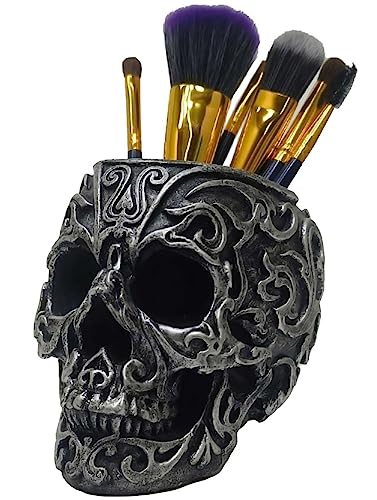 CUZOKOLA Make-up-Pinselhalter, Gothic-Totenkopf-Dekoration, Schminktisch-Dekoration mit starkem Harz, Stifthalter für Zuhause, Büro, Schreibtisch, dekorativ und Sukkulenten-Blumentopf (Silber) von CUZOKOLA STORES