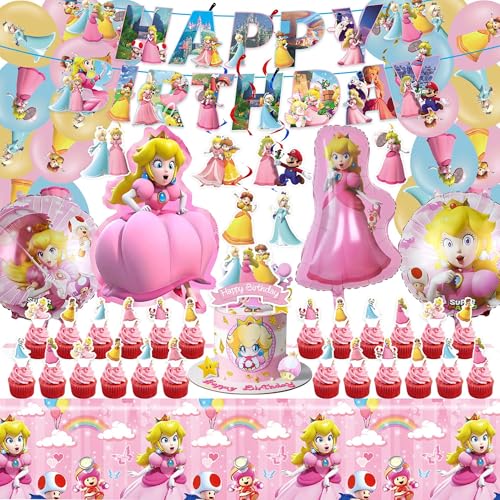 Prinzessin Pfirsich Geburtstagsdekorationen, Prinzessin Pfirsich Partyzubehör umfassen Banner, hängende Wirbel, Luftballons, Kuchendekorationen, Tischdecke von CVCXFParty