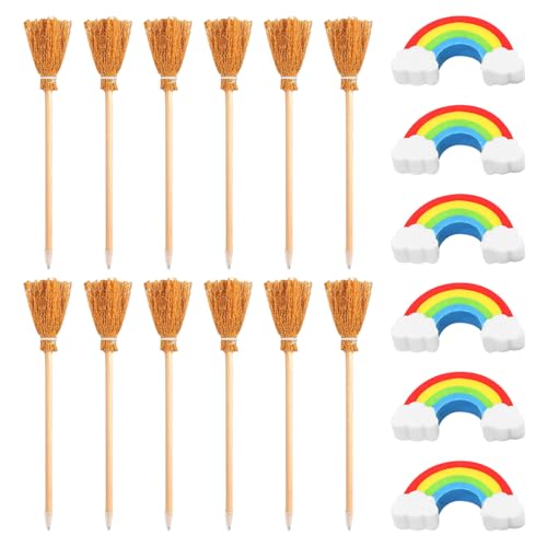 12-Teiliges Besenstift-Set, 6-Teiliger Regenbogen-Radiergummi, Hexenbesenstift, Besenstielstift, Besenzauberstift, Kinderbesenstift von CVFRTT