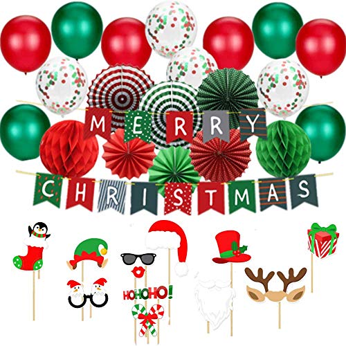 WeihnachtsPartyDekorationsset – Set enthält Merry Christmas Banner Papierfächer Wabenbälle Weihnachten Fotokabine Requisiten Konfetti Luftballons Rot Grün Latex Ballons String für Innen Büro von CVLZ