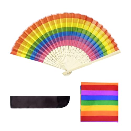 CWPFVQA 1 Regenbogen-Faltfächer Mit 1 Faltfächertasche, 1 Regenbogen-Quadratschal, Mehrfarbiger Falthandfächer, Stolzer Regenbogenfächer, Tanzender Faltfächer von CWPFVQA