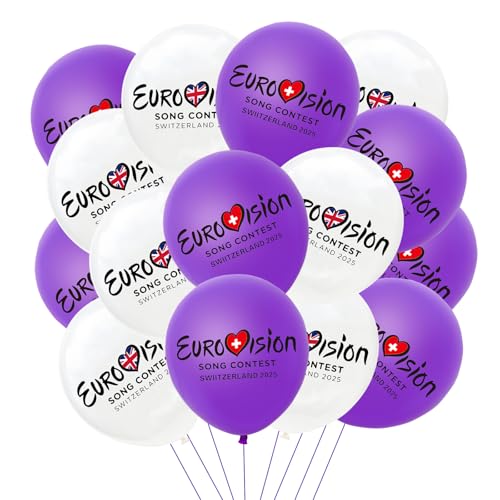 18 Stück Eurovision Luftballons, Party-Luftballons, Dekorationen, Eurovision Song Contest 2025 Feier Themed Weiß Lila Latex Ballon, Europa 2025 Song Contest Party Club Garten und Straße Dekorationen von CWWYQ