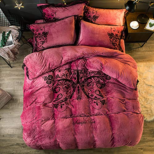 CWZZWS Luxus-Schmetterlingsdrucken Flanell Samt Bettwäsche Set Lamm Wolle Fleece Antiallergic Cute Quilt Sheets Quilt Deckblätter großer extra großer 4 Stücke grau rosa (D Queen) von CWZZWS