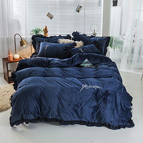 Luxus Flanell Samt Bettwäsche Set Feste Farbe Fransen Spitze Lamm Wolle Samtfalten Antiallergisch niedliche Quilt-Deckblätter Königin Großer extra großer 4 Stücke Blau Multicolor (C Queen) von CWZZWS