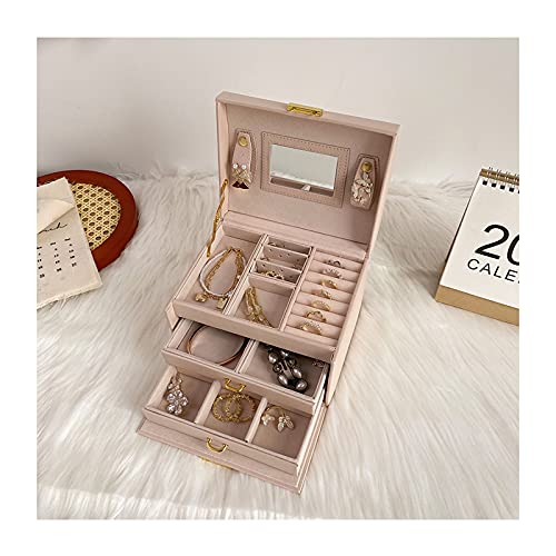 Schmuckschatulle, tragbare Reise-Schmuck-Organizer-Box, 3-lagige PU-Leder-Display-Schmuckschatulle mit Schloss und Spiegel, Schmucketui für Ringe, Ohrringe, Halskette, Schmucketui-Organizer (Farbe: von CWZZWS