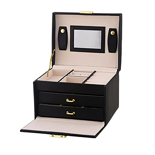 Schmuckschatulle, tragbare Reise-Schmuck-Organizer-Box, 3-lagige PU-Leder-Display-Schmuckschatulle mit Schloss und Spiegel, Schmucketui für Ringe, Ohrringe, Halskette, Schmucketui-Organizer (Farbe: von CWZZWS