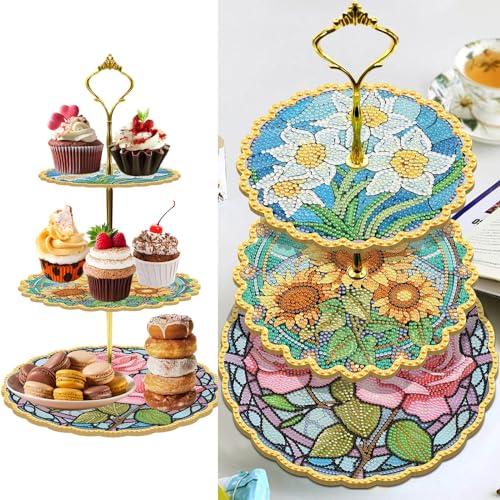 CXINLky 3 Stufig DIY Diamond Art Painting Serviertablett, Mandala Essen Tablett, Diamond Art Painting Stufiges Serviertablett, Anzeigeturm Tablett, Cupcake Ständer für Geburtstag-06-Blume von CXINLky