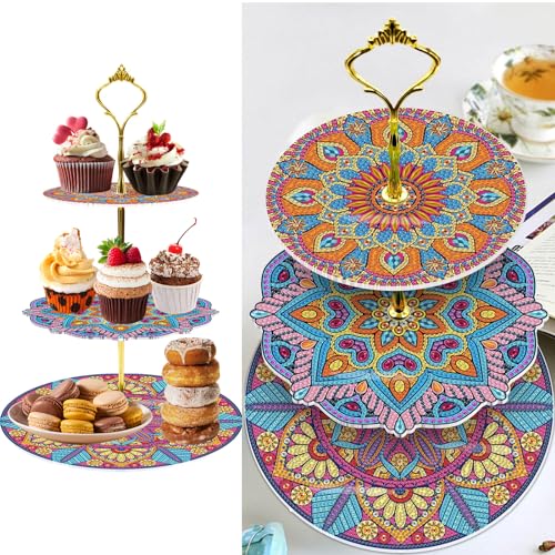 CXINLky 3 Stufig DIY Diamond Art Painting Serviertablett, Mandala Essen Tablett, Diamond Art Painting Stufiges Serviertablett, Anzeigeturm Tablett, Cupcake Ständer für Geburtstag-09-Mandala von CXINLky