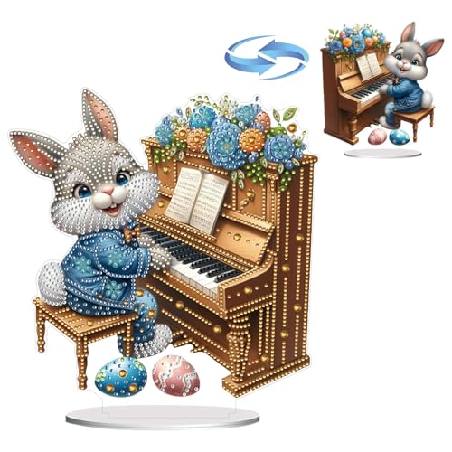 CXINLky DIY Diamond Art Painting Osterhase Tisch Deko, 5D Diamant Painting Ostern Tischdeko, Diamant Malerei Osterei Stehend Kunst Set für Ostern Hausgeschenk Deko-02-Hase spielt Klavier von CXINLky