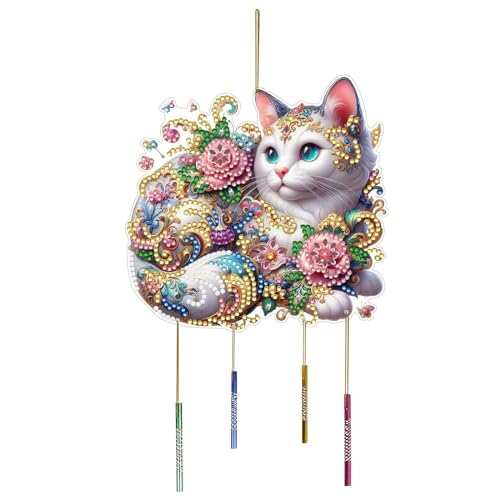 CXINLky DIY Diamond Painting Anhänger mit Kette, DIY Diamond Painting Windspiel, Kreatives 5D Diamond Malerei Wandbehang Kits Windspiel-Anhänger für Fenster, Garten, Hof-12-Weiße Katze von CXINLky