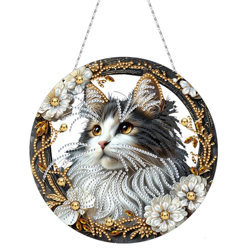 CXINLky DIY Diamond Painting Anhänger mit Kette, Diamant Painting Fensterbilder, 5D Diamond Malerei Türkranz Wandbehang Kits für Fenster Wand Eingang Garten Decor-13-Katze von CXINLky