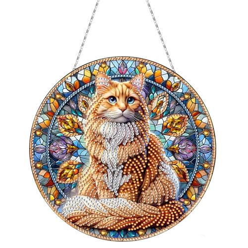 CXINLky DIY Diamond Painting Anhänger mit Kette, Diamant Painting Fensterbilder, 5D Diamond Malerei Türkranz Wandbehang Kits für Fenster Wand Eingang Garten Decor-21-Orangene Katze von CXINLky