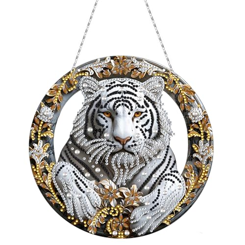 CXINLky DIY Diamond Painting Anhänger mit Kette, Diamant Painting Fensterbilder, Kreatives 5D Diamond Malerei Wandbehang Kits für Fenster Wand Eingang Garten Decor-04-Weißer Tiger von CXINLky