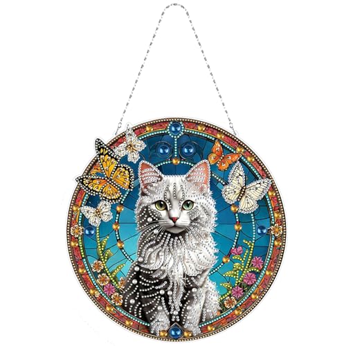 CXINLky DIY Diamond Painting Anhänger mit Kette, Diamant Painting Fensterbilder, Kreatives 5D Diamond Malerei Wandbehang Kits für Fenster Wand Eingang Garten Decor-14-Katze von CXINLky