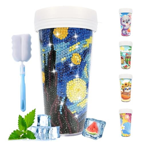 CXINLky DIY Diamond Painting Becher, 470ML Diamond Painting Wasserflasche mit Reinigungsbürste, BPA-Free Mehrweg Becher für Wasser, Eiskaffee, Smoothies, Saft, Heiße Getränke-03 von CXINLky