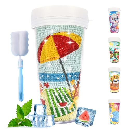 CXINLky DIY Diamond Painting Becher, 470ML Diamond Painting Wasserflasche mit Reinigungsbürste, BPA-Free Mehrweg Becher für Wasser, Eiskaffee, Smoothies, Saft, Heiße Getränke-04 von CXINLky