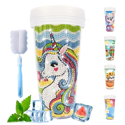 CXINLky DIY Diamond Painting Becher, 470ML Diamond Painting Wasserflasche mit Reinigungsbürste, BPA-Free Mehrweg Becher für Wasser, Eiskaffee, Smoothies, Saft, Heiße Getränke-09 von CXINLky