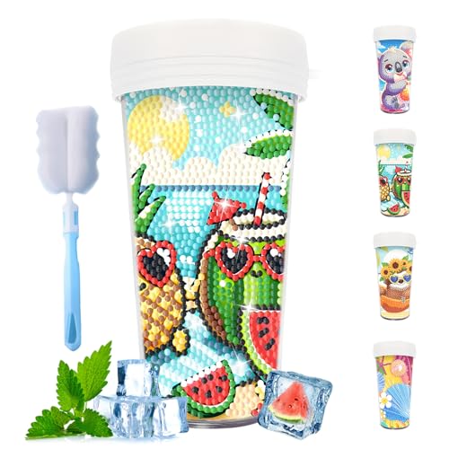 CXINLky DIY Diamond Painting Becher, 470ML Diamond Painting Wasserflasche mit Reinigungsbürste, BPA-Free Mehrweg Becher für Wasser, Eiskaffee, Smoothies, Saft, Heiße Getränke-20 von CXINLky