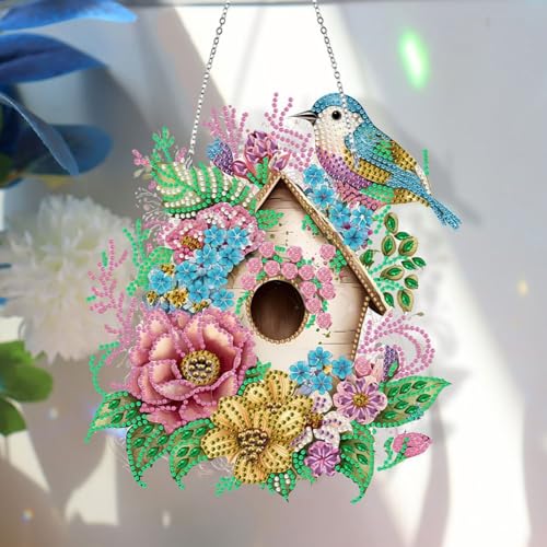 CXINLky DIY Diamond Painting Frühling Anhänger mit Kette, Diamant Painting Fensterbilder, 5D Diamond Malerei Wandbehang Kits für Fenster Wand Eingang Garten Decor-03-Blumennest von CXINLky