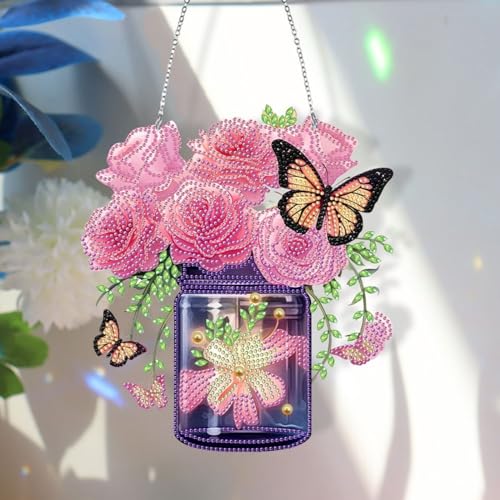 CXINLky DIY Diamond Painting Frühling Anhänger mit Kette, Diamant Painting Fensterbilder, 5D Diamond Malerei Wandbehang Kits für Fenster Wand Eingang Garten Decor-07-Rosenstrauß von CXINLky