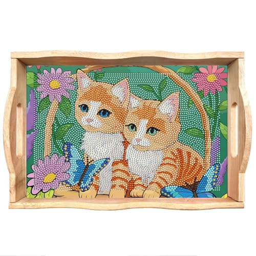 CXINLky DIY Diamond Painting Tablett, Diamond Painting Serviertablett mit Griffen, Diamond Painting Zubehör Diamond Painting HolzTray Geschenk-05-Katze von CXINLky