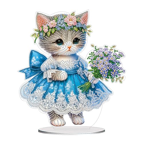 CXINLky DIY Diamond Painting Tier Tisch Deko, 5D Diamant Painting Tier Tischdeko, Kreativ Diamant Malerei Stehend Kunst Set für Anfänger Hausgeschenk Deko-09-Blauer Rock Katze von CXINLky