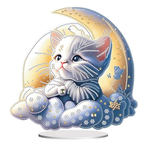 CXINLky DIY Diamond Painting Tisch Deko, 5D Diamant Painting Tiere Tischdeko, Diamant Malerei Stehend Kunst Set, Ornamente Geschenke für Anfänger Zuhause,Büro Dekoration-17-Mond-Katze von CXINLky