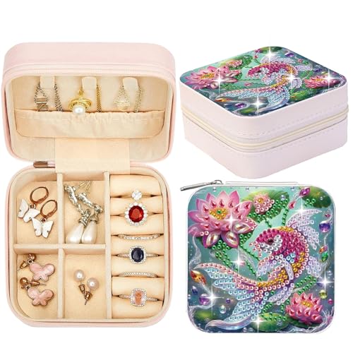 CXINLky Kleine Schmuckschatulle, Tragbare Diamond Painting Schmuckschatulle, PU Leder Mini Schmuckbox, Diamond Painting Aufbewahrungsbox für Ringe, Ohrringe, Halsketten-01-Rosa Fisch von CXINLky